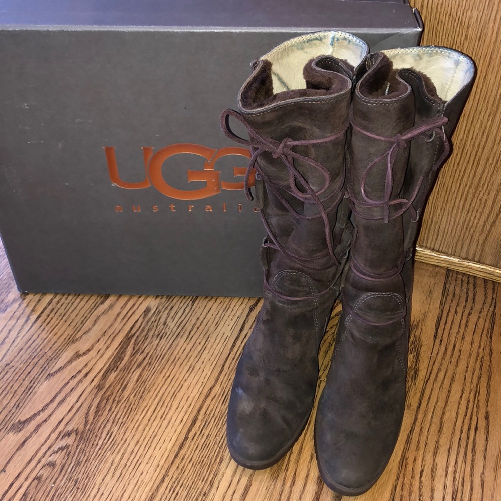 Espresso suede, wedge heeled Ugg boots, size 7.